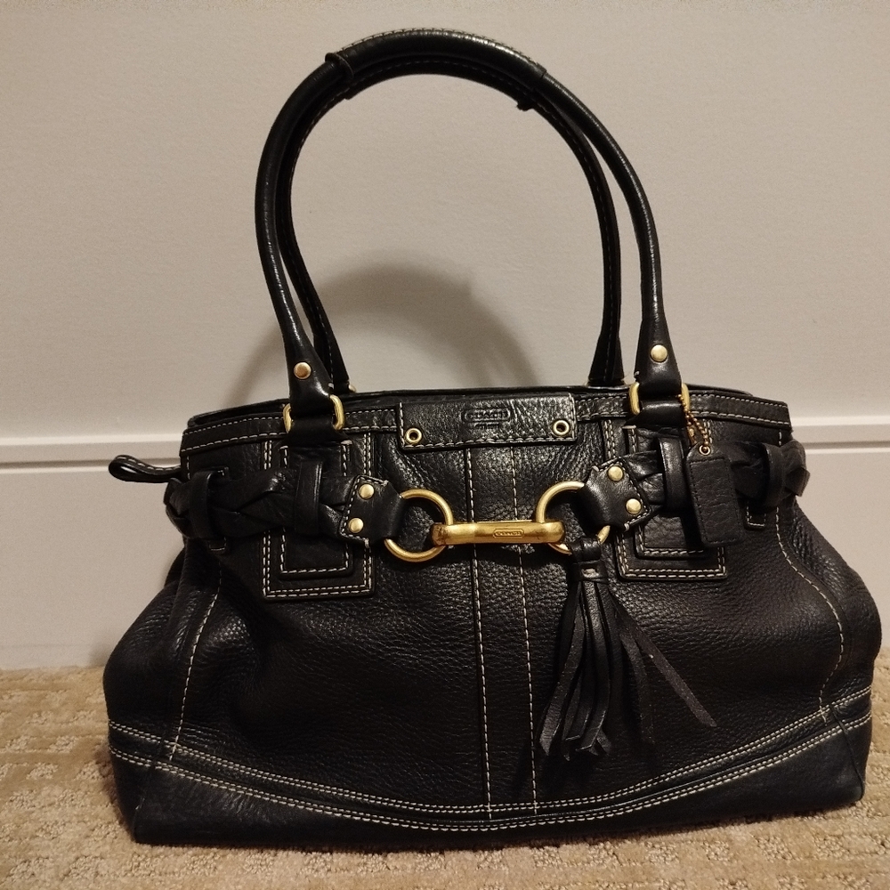 Coach Black Leather Handbag with Gold Tone Accents